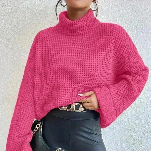 Hot Pink Casual Women's Loose Fit Turtleneck Drop Shoulder Sweater - Picture 5 of 6